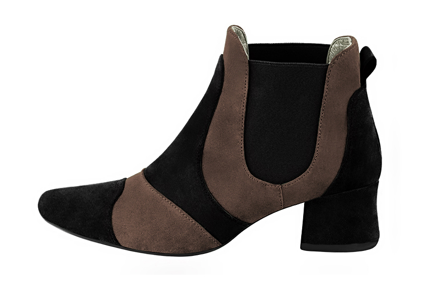 Step out in two-tone leather Chelsea ankle boots with contrasting elastic side gussets for a bold, modern graphic style, in pitch black and chocolate brown leather with round toe and low flared heel - Florence KOOIJMAN